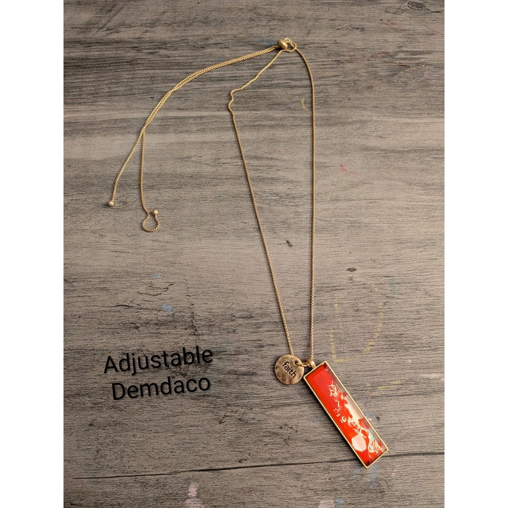 Demdaco Gold Tone Adjustable Faith Necklace Red Resin Bar Pendant